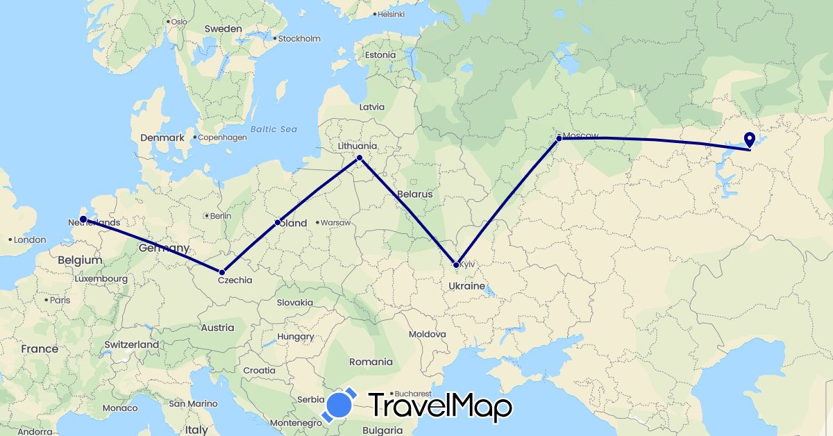 TravelMap itinerary: driving in Czech Republic, Lithuania, Netherlands, Poland, Russia, Ukraine (Europe)